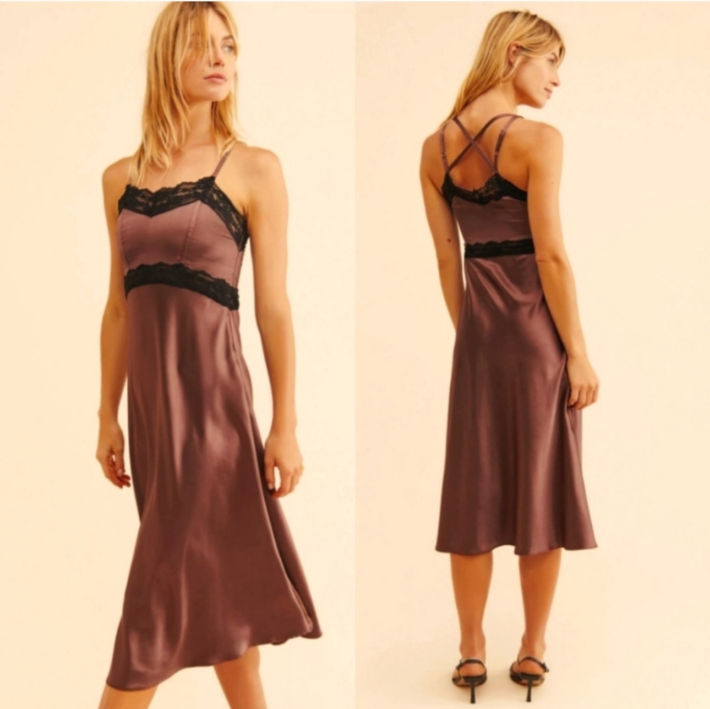 Anthropologie Satin Midi Slip Dress in Mauve with Black Lace Trim